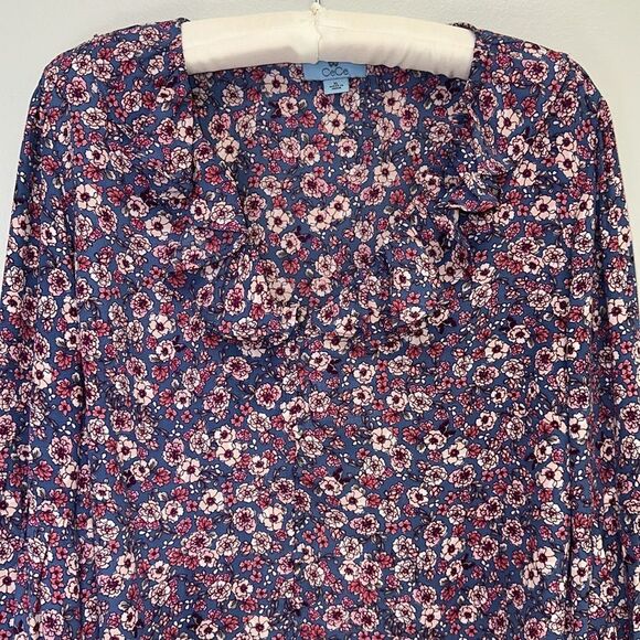 CeCe XL Blue Pink Fuchsia Ruffle V-Neck Neck Long Sleeve Floral Blouse - Picture 3 of 9